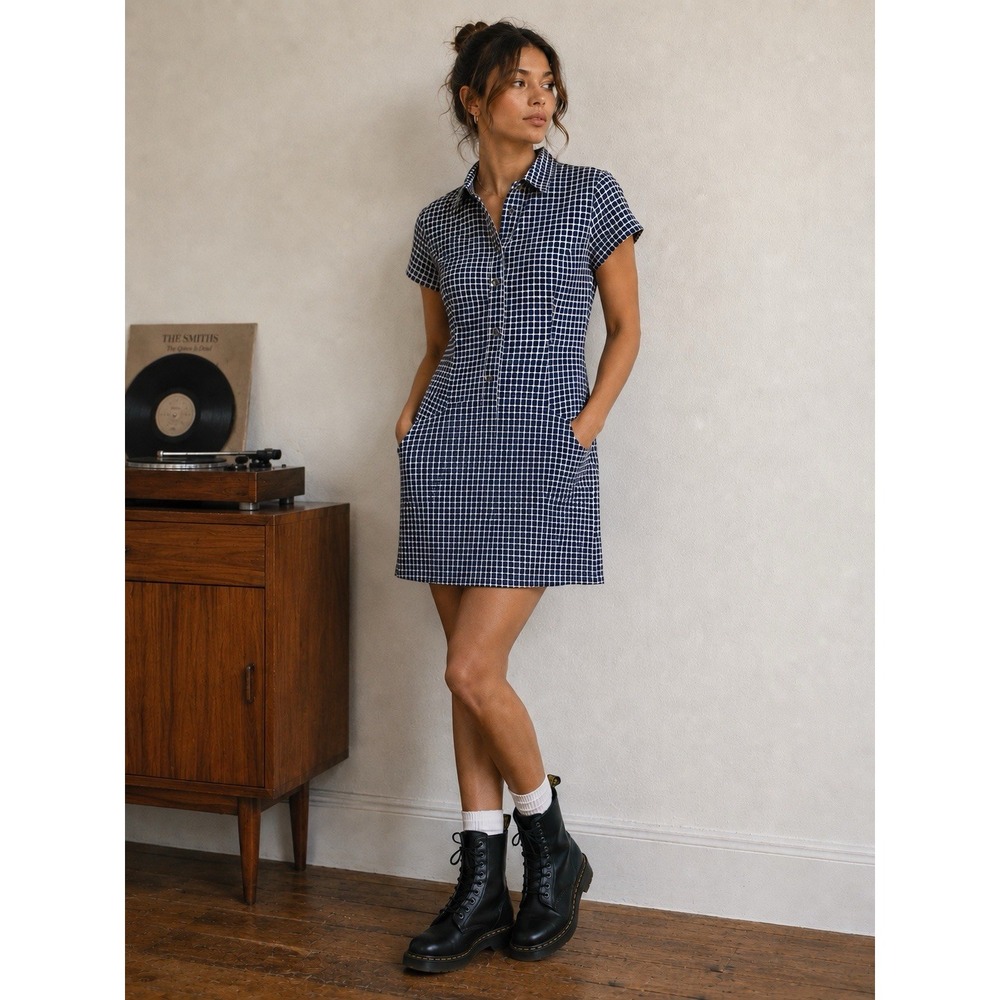 Vintage Grass Raggs Sz 11/12 Dress Blue Jumper Button Plaid Pockets Short Sleeve